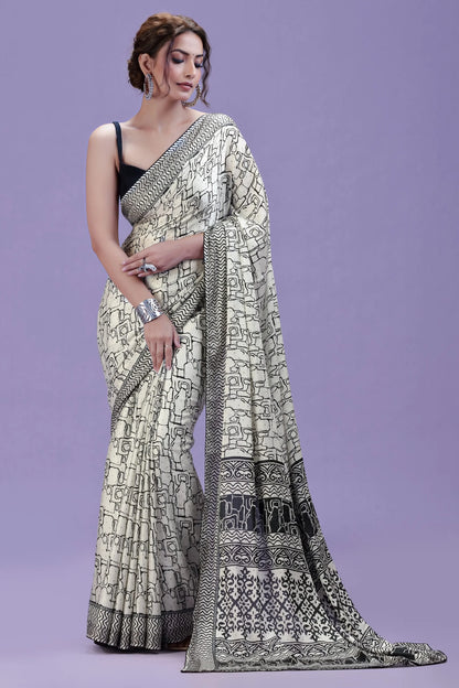 White Printed Satin Silk Saree with Black Unstitched Blouse