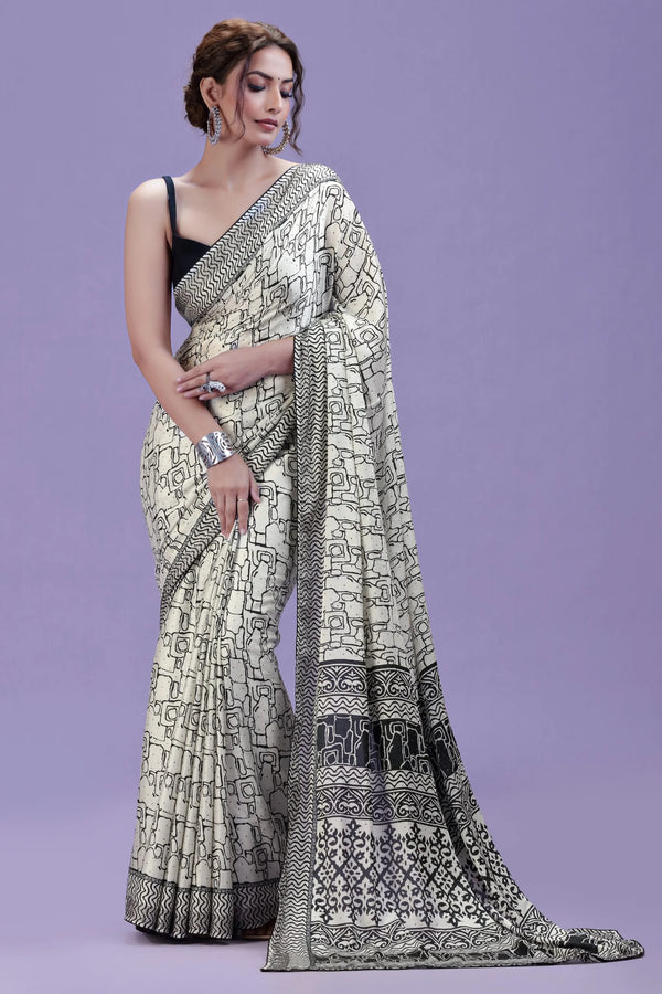 White Printed Satin Silk Saree with Black Unstitched Blouse