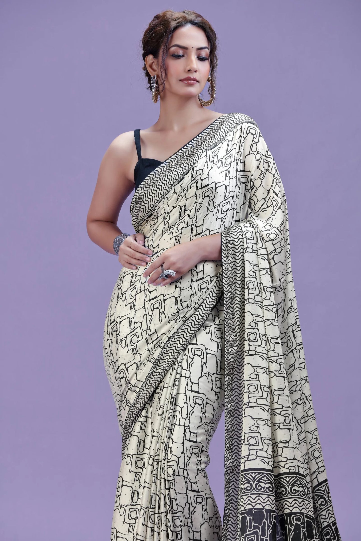 White Printed Satin Silk Saree with Black Unstitched Blouse