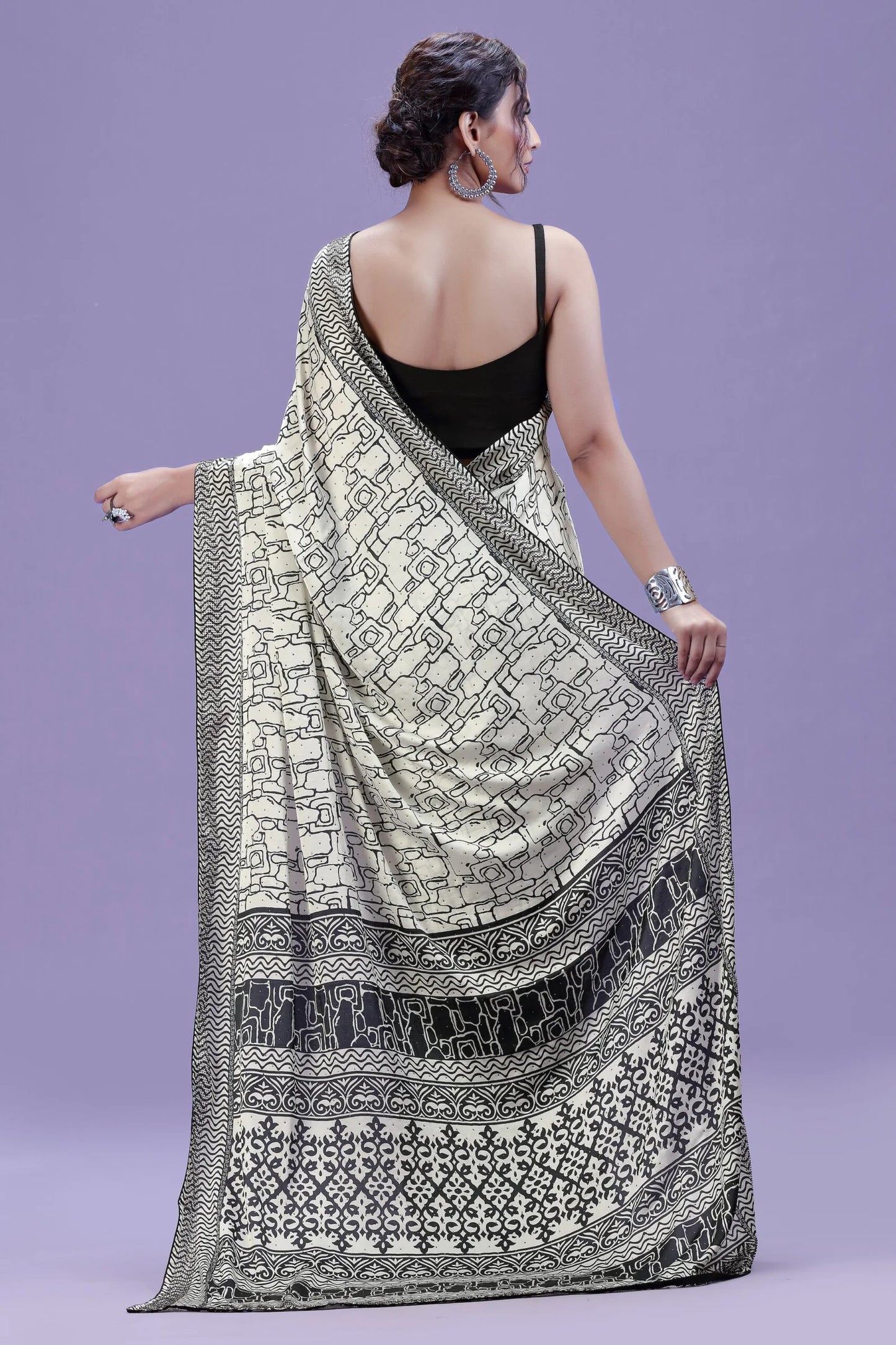 White Printed Satin Silk Saree with Black Unstitched Blouse
