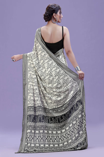 White Printed Satin Silk Saree with Black Unstitched Blouse