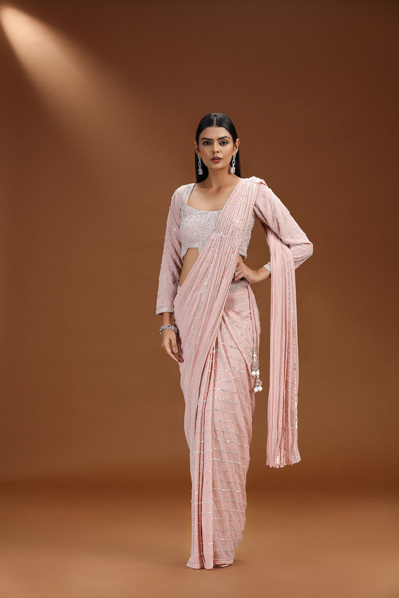 Pink Sequin Striped Pre-Stitched Saree with Embroidered Blouse