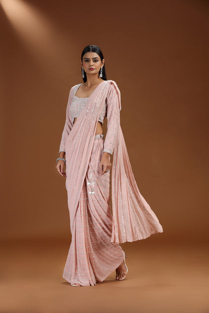 Pink Sequin Striped Pre-Stitched Saree with Embroidered Blouse