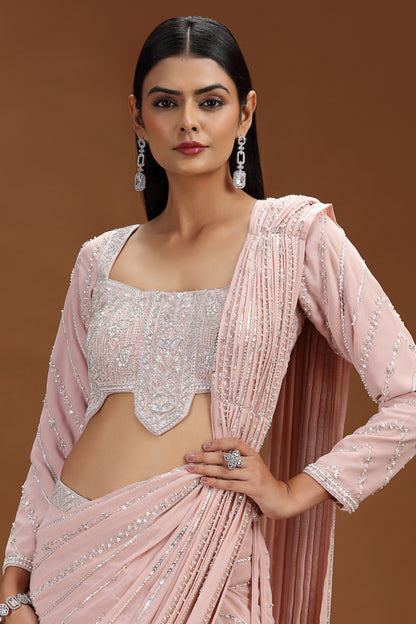 Pink Sequin Striped Pre-Stitched Saree with Embroidered Blouse