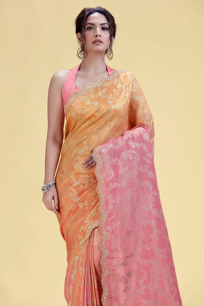 Blush Pink to Peach Shaded Dola Silk Saree with Unstitched Blouse