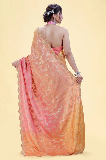 Blush Pink to Peach Shaded Dola Silk Saree with Unstitched Blouse