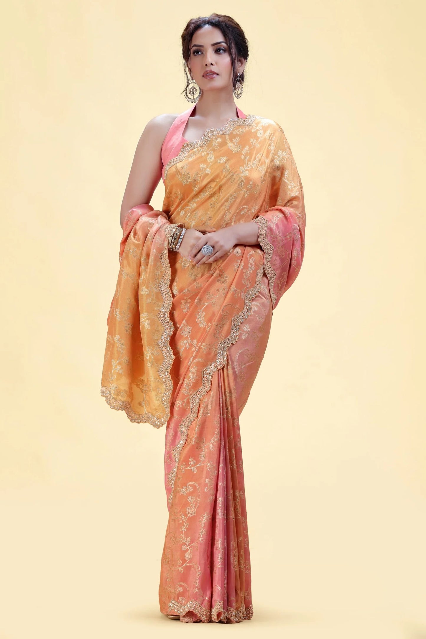 Blush Pink to Peach Shaded Dola Silk Saree with Unstitched Blouse