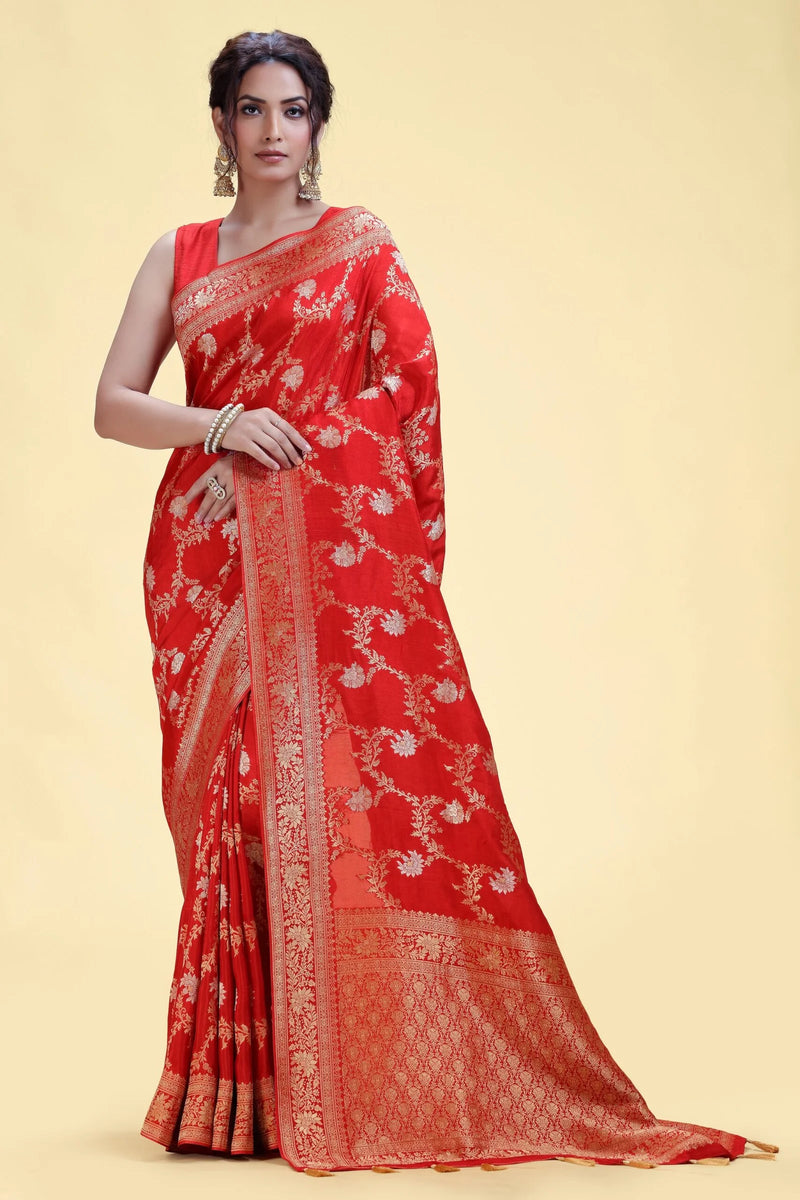 Red Dola Silk Saree with Unstitched Blouse