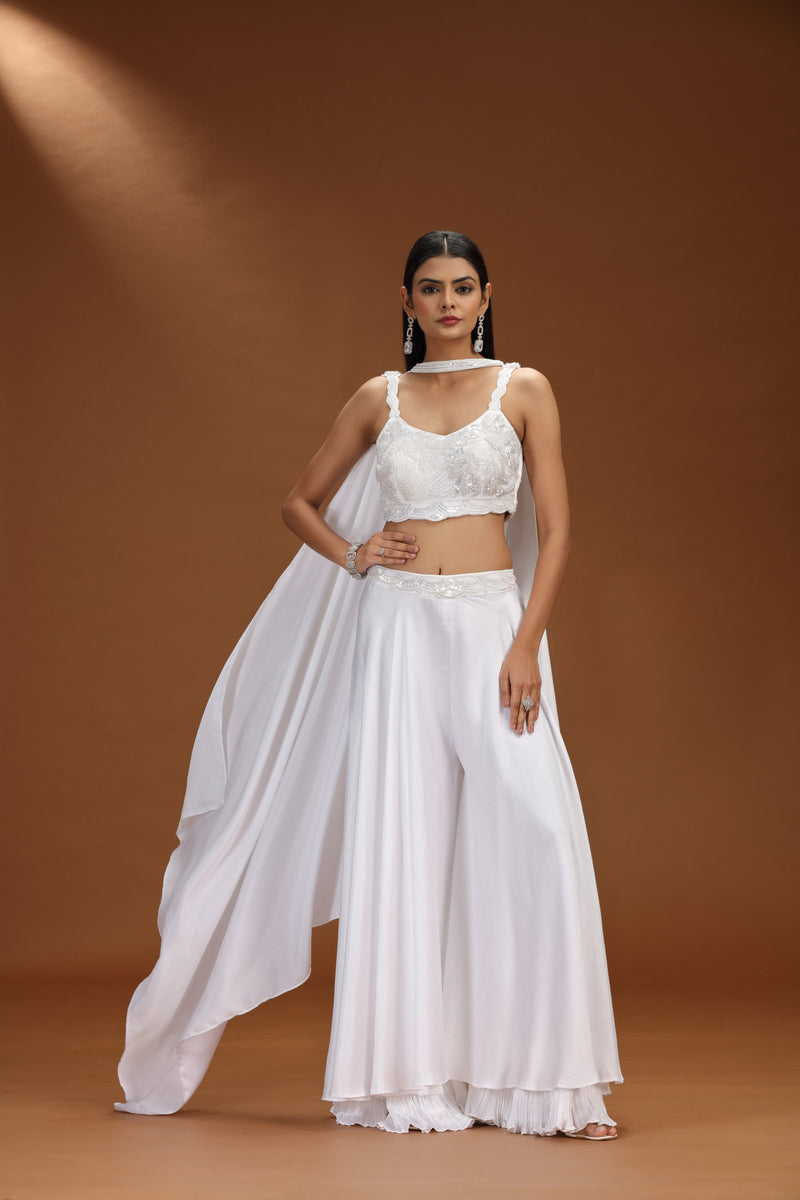 White Satin Silk Salwar Suit with Moti and Cutdana Work