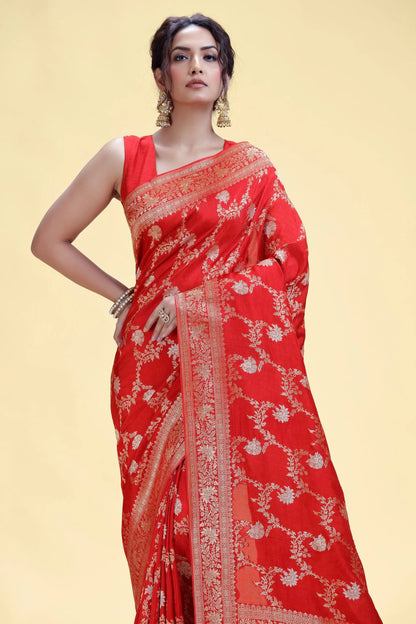 Red Dola Silk Saree with Unstitched Blouse