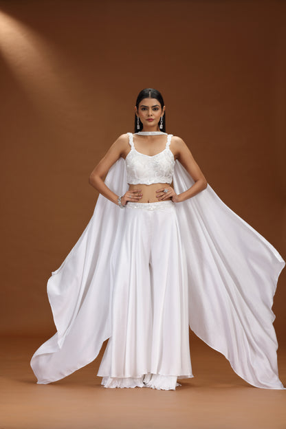 White Satin Silk Salwar Suit with Moti and Cutdana Work
