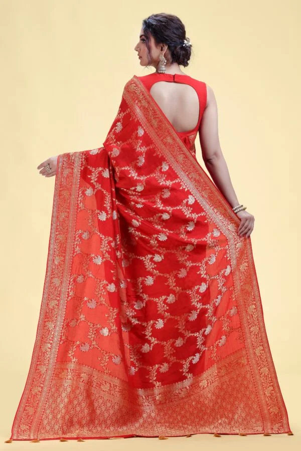 Red Dola Silk Saree with Unstitched Blouse