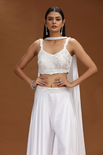 White Satin Silk Salwar Suit with Moti and Cutdana Work