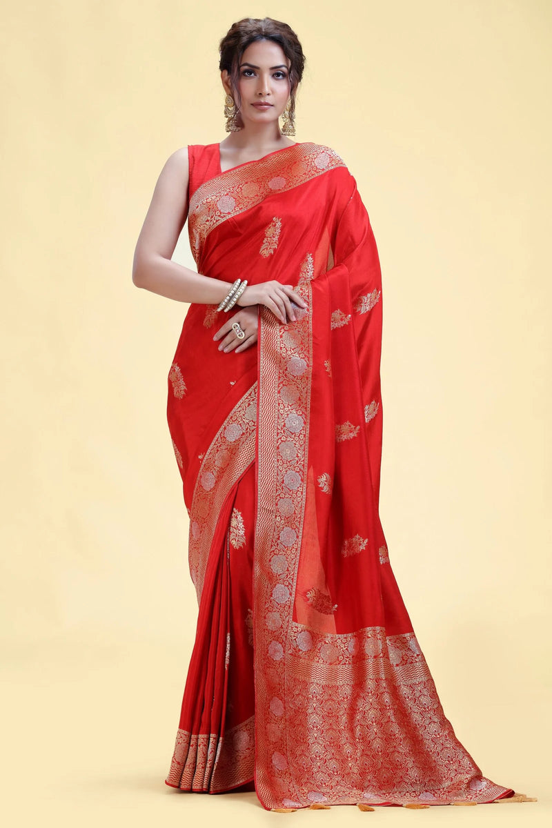 Classic Red Dola Silk Saree with Gold Zari Weaving