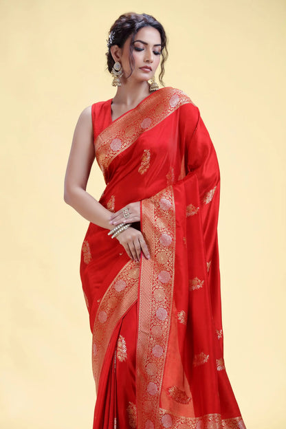 Classic Red Dola Silk Saree with Gold Zari Weaving