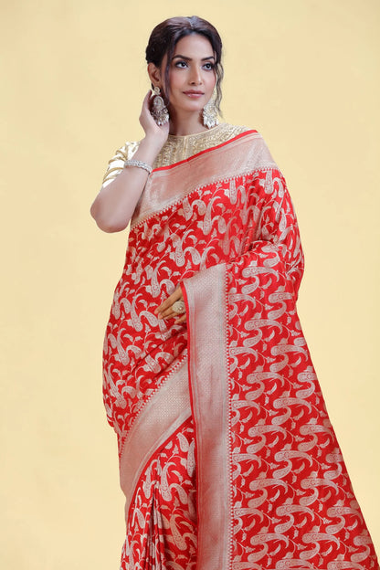 Red Kathan Silk Saree with Intricate Weaving