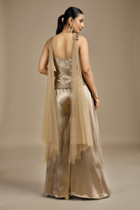 Gold Satin Silk Suit Set with Moti, Pearls, Zari & Zardosi Work