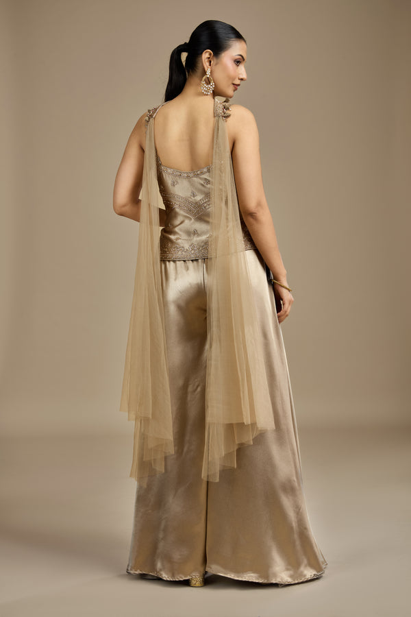 Gold Satin Silk Suit Set with Moti, Pearls, Zari & Zardosi Work