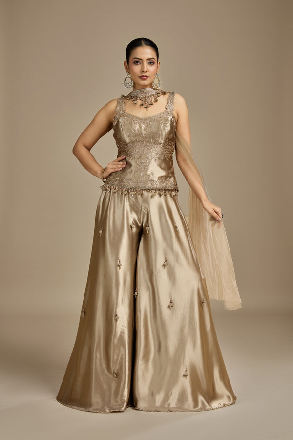 Gold Satin Silk Suit Set with Moti, Pearls, Zari & Zardosi Work