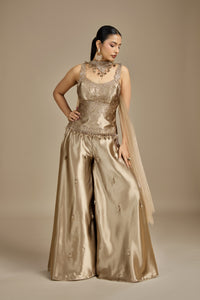 Gold Satin Silk Suit Set with Moti, Pearls, Zari & Zardosi Work