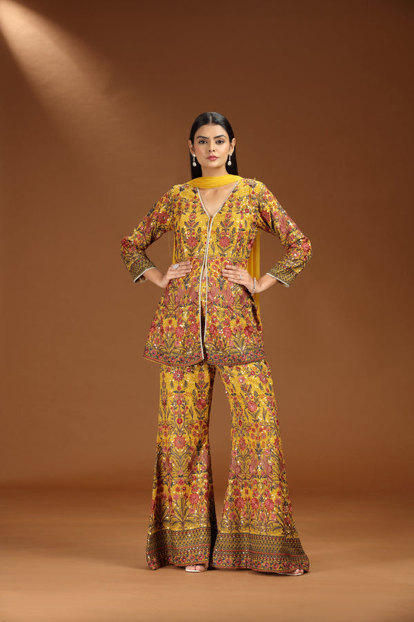 Yellow Georgette Set with Heavy Embroidery and Net Dupatta