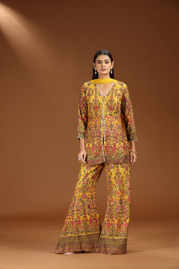 Yellow Georgette Set with Heavy Embroidery and Net Dupatta