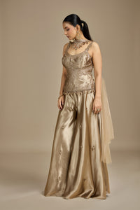 Gold Satin Silk Suit Set with Moti, Pearls, Zari & Zardosi Work