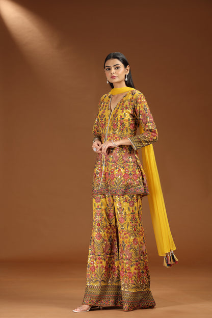 Yellow Georgette Set with Heavy Embroidery and Net Dupatta