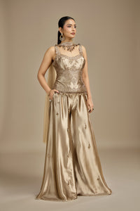 Gold Satin Silk Suit Set with Moti, Pearls, Zari & Zardosi Work