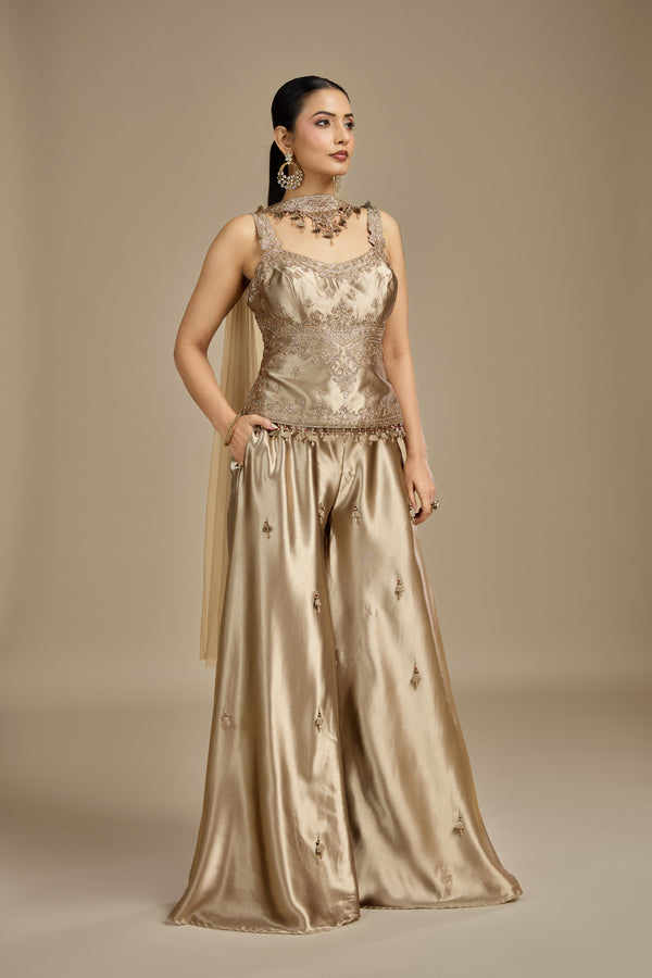 Gold Satin Silk Suit Set with Moti, Pearls, Zari & Zardosi Work