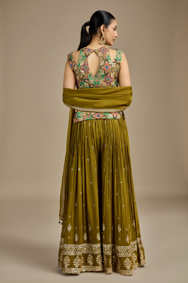 Green Raw Silk Suit Set with Mirror, Moti, Sequins, Printed & Zardosi Work