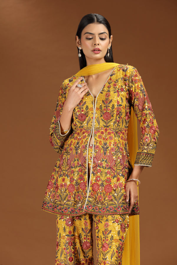 Yellow Georgette Set with Heavy Embroidery and Net Dupatta