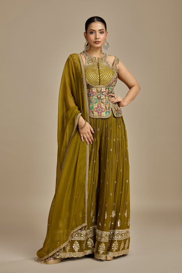 Green Raw Silk Suit Set with Mirror, Moti, Sequins, Printed & Zardosi Work