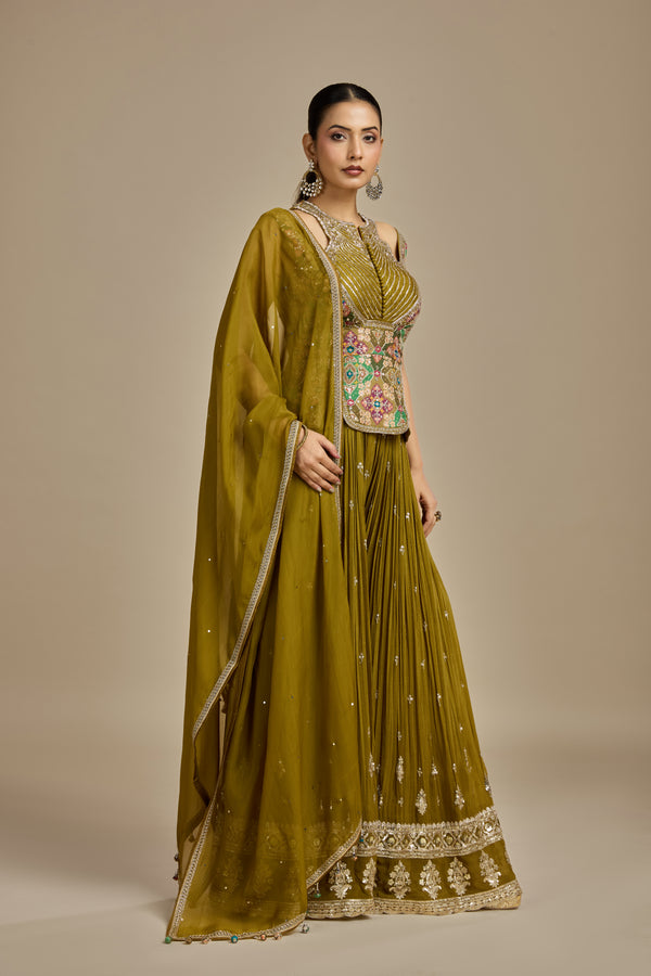 Green Raw Silk Suit Set with Mirror, Moti, Sequins, Printed & Zardosi Work