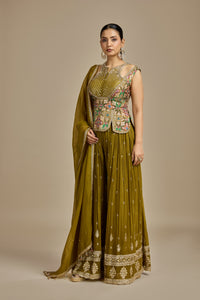 Green Raw Silk Suit Set with Mirror, Moti, Sequins, Printed & Zardosi Work