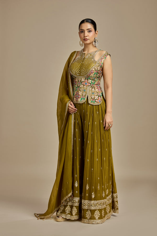 Green Raw Silk Suit Set with Mirror, Moti, Sequins, Printed & Zardosi Work