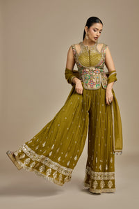 Green Raw Silk Suit Set with Mirror, Moti, Sequins, Printed & Zardosi Work