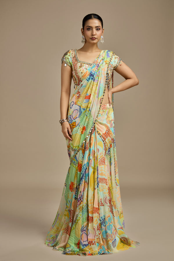 Multicoloured Georgette Stitched Suit Set