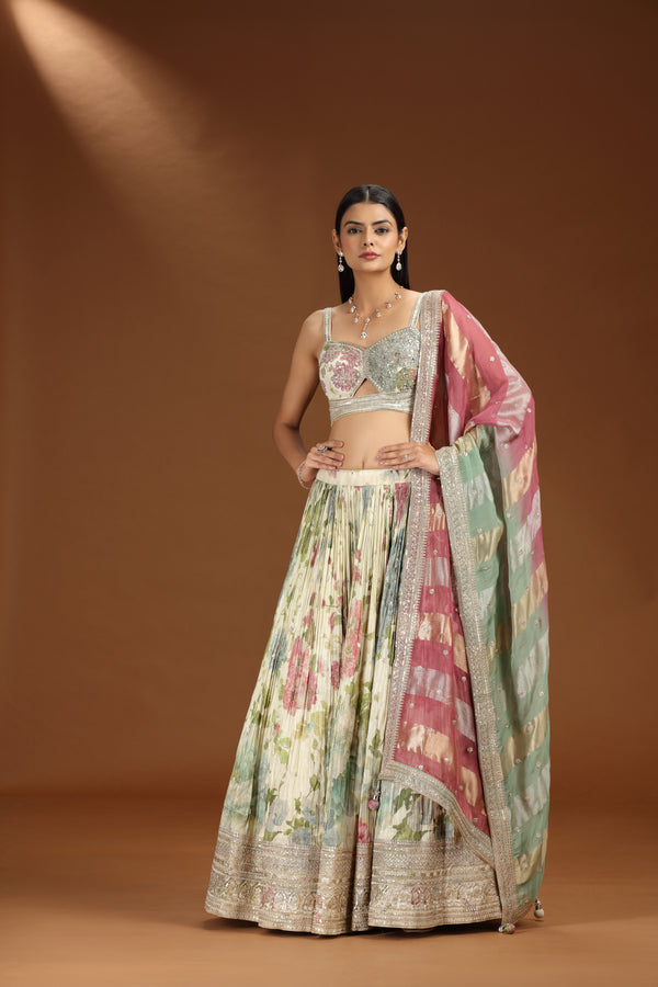 Beige Chanderi Lehenga Set with Multicolour Organza Dupatta