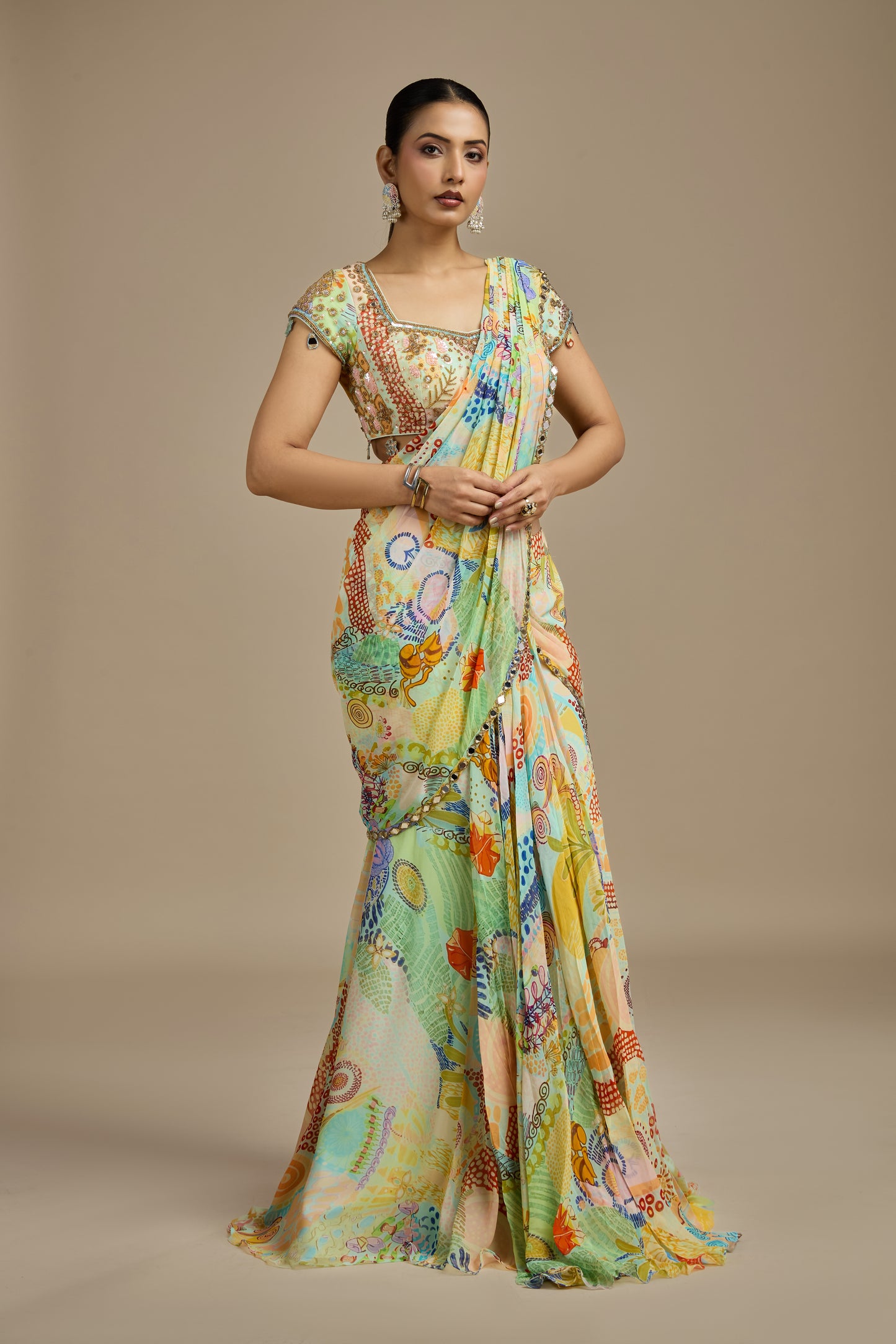 Multicoloured Georgette Stitched Suit Set
