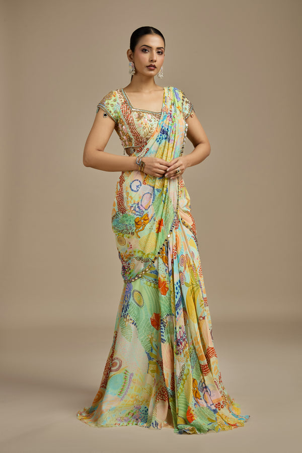 Multicoloured Georgette Stitched Suit Set