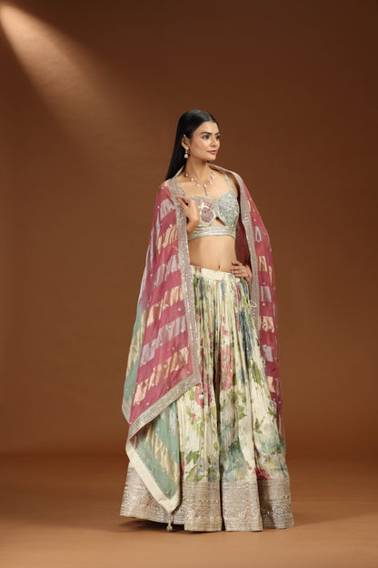 Beige Chanderi Lehenga Set with Multicolour Organza Dupatta