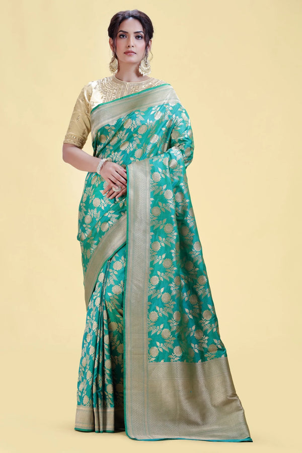Teal Blue Kathan Silk Saree with Silver Zari Weaving