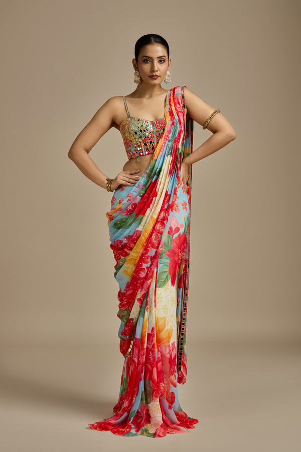Multicoloured Georgette Stitched Saree