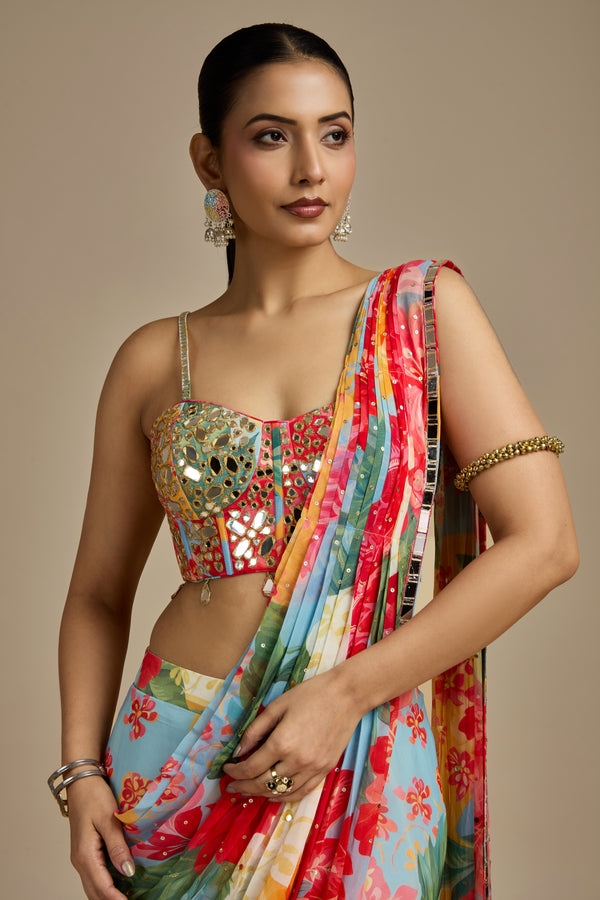 Multicoloured Georgette Stitched Saree