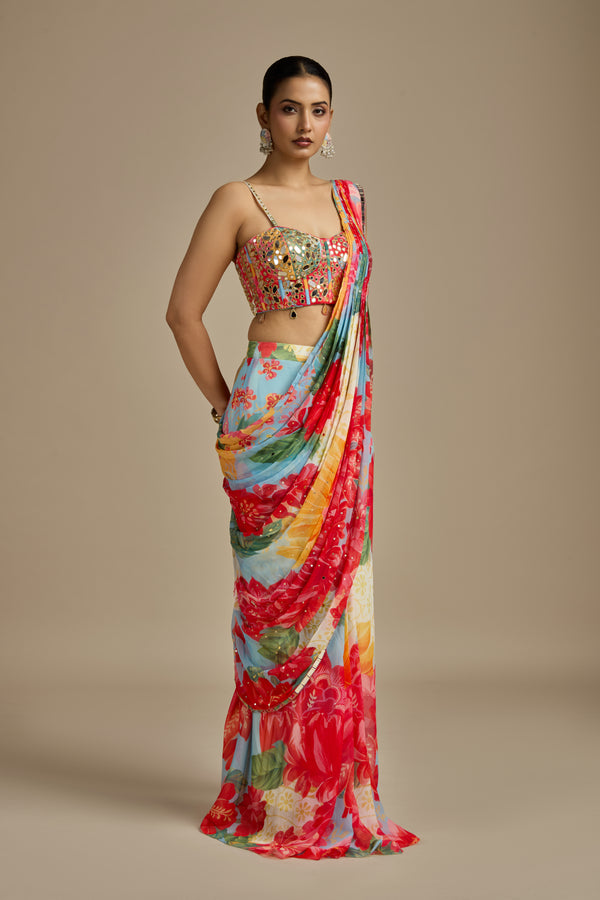 Multicoloured Georgette Stitched Saree