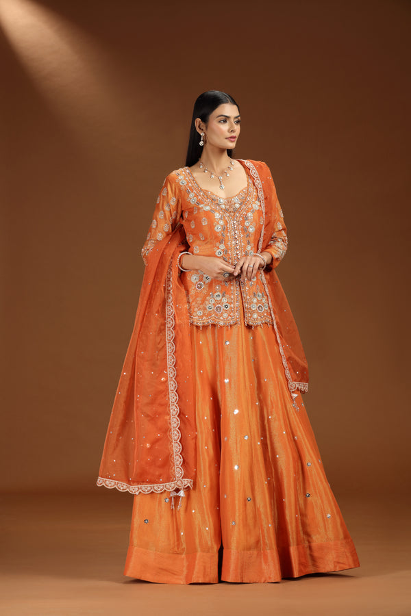 Orange Satin Silk Lehenga with Organza Dupatta