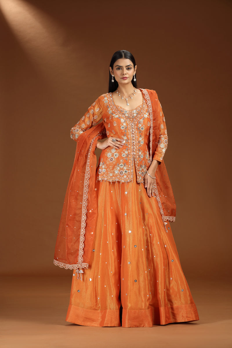 Orange Satin Silk Lehenga with Organza Dupatta