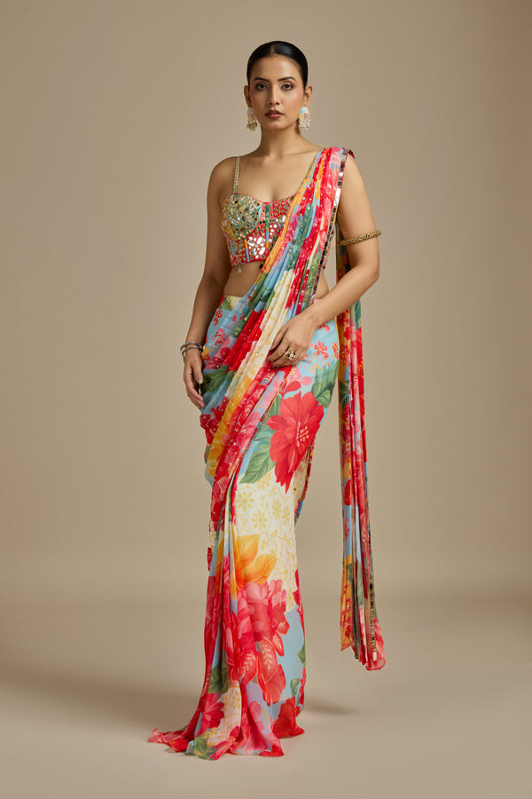 Multicoloured Georgette Stitched Saree