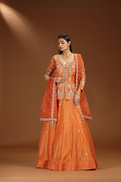 Orange Satin Silk Lehenga with Organza Dupatta